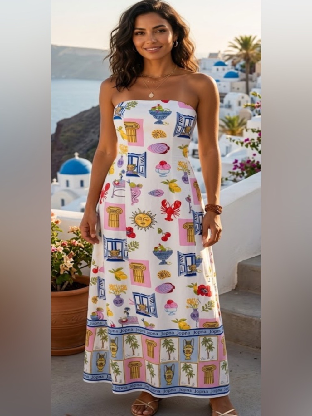 Jopna Strapless White Maxi Dress with Colorful Coastal Print